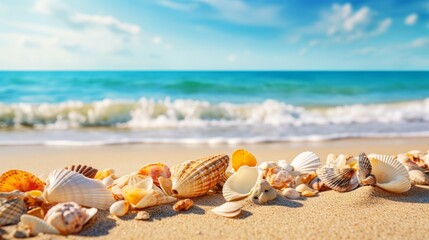 Fototapeta na wymiar Sea and seashells. A lot of empty sea shells on the beach, close-up view. Sea coast and sea flora.