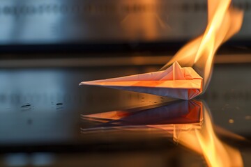 paper plane ablaze on a reflective surface
