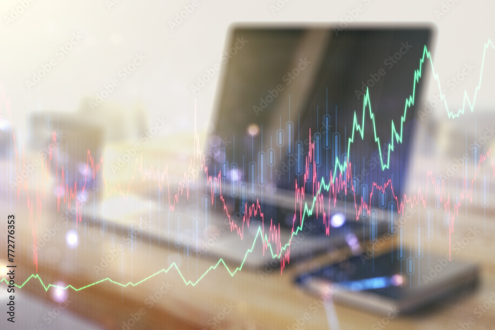 Poster Double exposure of abstract creative financial chart and modern desktop with laptop on background, research and strategy concept