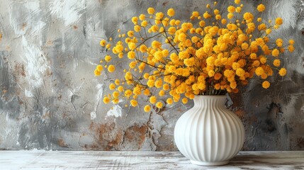   A white vase filled with vibrant yellow flowers rests atop a wooden table, framed by a monochromatic gray and white wall