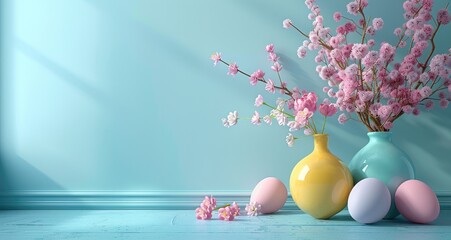 Pastel Easter Eggs and Vases on Light Blue Wall