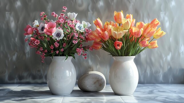   A pair of white vases filled with flowers sit atop a marble countertop alongside a vase holding pink and yellow blossoms
