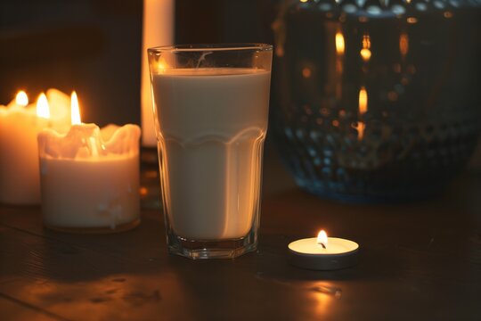 side view of drinking a glass of milk, lit by candlelight