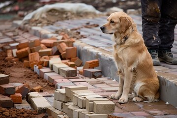 dog sitting by a pile of bricks, person laying a brick path - obrazy, fototapety, plakaty