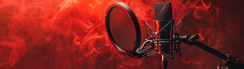 Against a vivid red backdrop, headphones and a microphone embody the fiery heart of audio production and listening. - obrazy, fototapety, plakaty