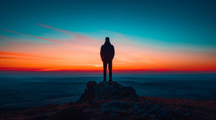 A person stands as a silhouette atop a mountain peak, overlooking a vibrant sunset that paints the sky with hues of red and blue.
