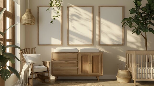 Frame up design. Lovely baby room interior. 3d render