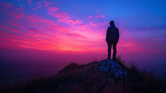 A person stands as a silhouette atop a mountain peak, overlooking a vibrant sunset that paints the sky with hues of red and blue.
