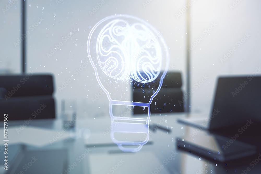 Leinwandbilder Creative idea concept with light bulb and human brain illustration and modern desktop with computer on background. Neural networks and machine learning concept. Multiexposure