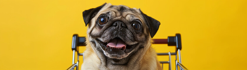 A pug in a shopping cart, its eyes wide with excitement, pops against a vibrant yellow background, a picture of humor and joy. - obrazy, fototapety, plakaty