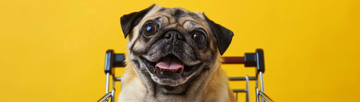A pug in a shopping cart, its eyes wide with excitement, pops against a vibrant yellow background, a picture of humor and joy.