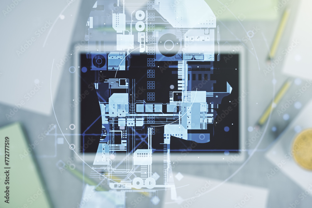 Leinwandbilder double exposure of creative artificial intelligence symbol and digital tablet on background, top vie