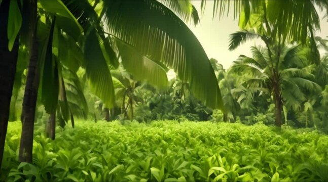 through tropical palm trees and exotic green lush vegetation
