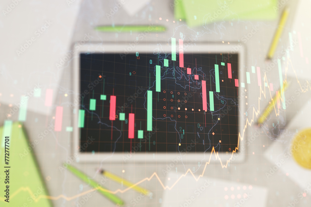 Poster Multi exposure of abstract financial graph with world map and modern digital tablet on desktop on background, top view, financial and trading concept