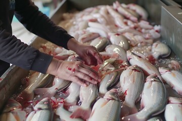 person sorting and grading fish in processing facility - obrazy, fototapety, plakaty