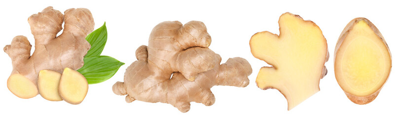 Fresh ginger rhizome with green leaves, half and slices isolated, transparent PNG,  PNG format, cut...