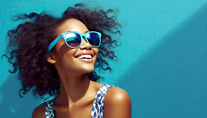 Fashion portrait of a young, stylish, happy and smiling African American woman with sunglasses on bright blue background. - obrazy, fototapety, plakaty