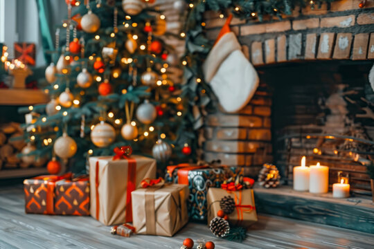 Picture showcasing a New Year interior with a Christmas tree, presents, and a fireplace