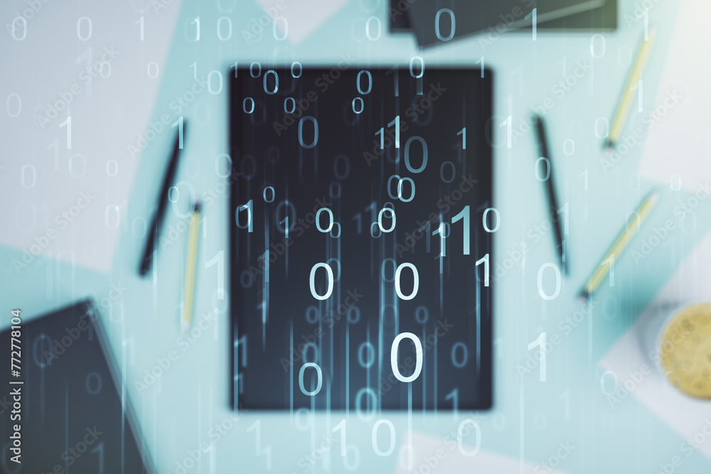 Aufkleber Creative concept of binary code illustration and modern digital tablet on background, top view. Big data and coding concept. Multiexposure
