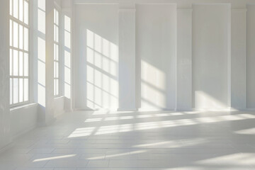 White minimalistic room with blank walls and sunlight streaming through windows. Creating a background of sun rays and shadows