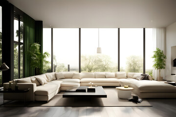 Modern living room interior design with white sofa, coffee table and plant. light green tones