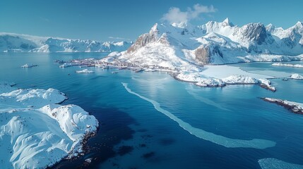   An aerial shot of a vast expanse of water encircled by snowcapped peaks and frozen icebergs