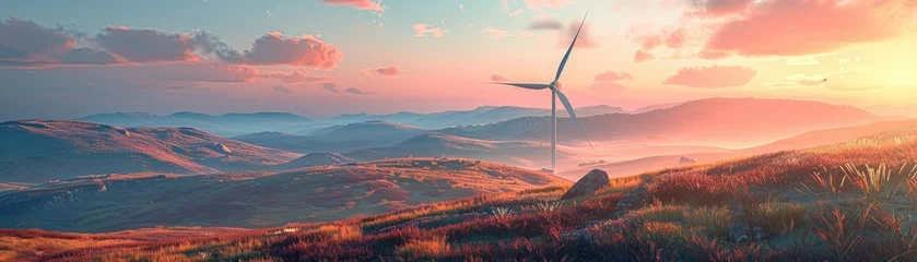 Papier Peint photo Lavable Gris Renewable Energy in Motion: Windmill gracefully standing tall against rolling hills, a symbol of sustainability and progress. (Blender 3D)