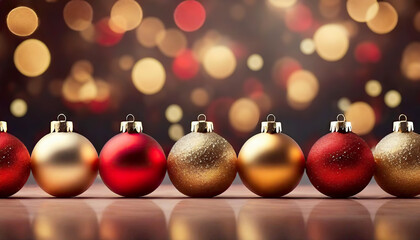 Glittery Christmas baubles with golden bokeh in the background.