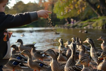 kid throwing grains to a group of domestic ducks by a pond - obrazy, fototapety, plakaty