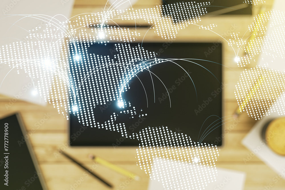 Poster double exposure of abstract digital world map with connections and digital tablet on background, top