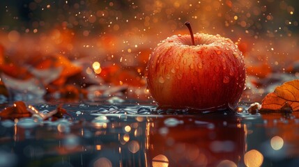   A red apple sits atop a puddle near a leaf-shaped object