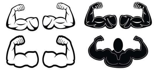 Arm Muscle Flex Strong emoji line black icon set . Bodybuilder vector collection macho biceps gym flexing doodle hand isolated on transparent background. Power strength weightlifting symbol - obrazy, fototapety, plakaty