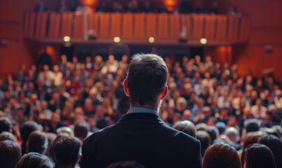 Speaker facing audience in a conference hall