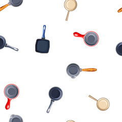 Seamless pattern with frying pans on a white background for printing in cafe and restaurant menus. Bright dishes for roasting and stewing food. Vector illustration for packaging.