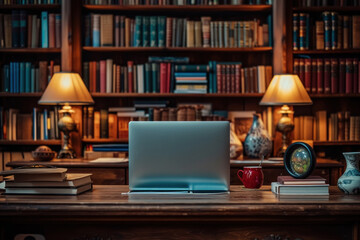 Laptop Computer on Wooden Desk. Generative AI