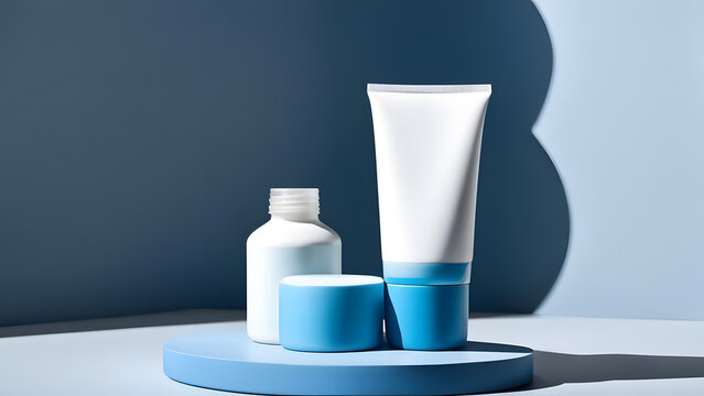 Cosmetic bottle containers mockup on blue background