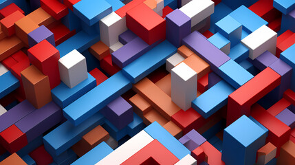 3D abstract background of multi-colored wooden geometric shapes