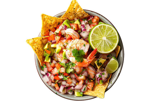 Mexican ceviche with shrimp, avocado, and lime, surrounded by tortilla chips, on white background