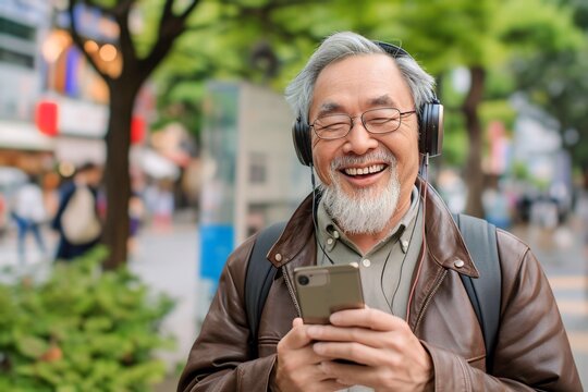 Asian old man is listening to music on smartphone with headphones outdoors