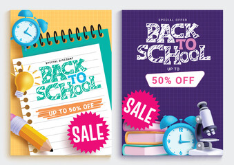 Back to  school sale text vector poster set. School promotion special offer discount with educational items, materials, supply and elements for shopping promotion lay out collection. Vector 