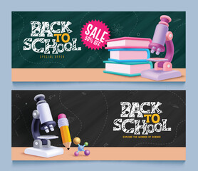 Back to school text vector banner set. Back to school greeting, sale and invitation in chalk board with telescope, books and pencil decoration elements for educational learning background. Vector 