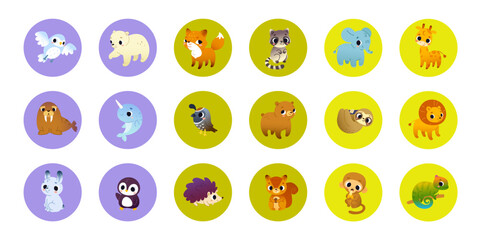 Cartoon set of baby animals in circles. Vector bundle of cute wild animals for kids. Animals stickers collection.