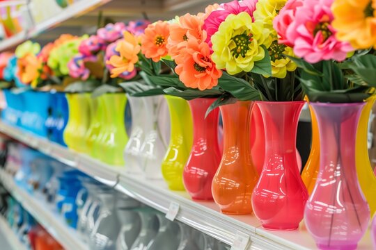 an array of plastic vases with artificial colorful blooms lined up on a store shelf