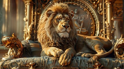 Royal Lion King on Luxurious Throne. Crown, Majestic, Regal, Royalty, Luxury, Elegant, Sitting, Leo
 - obrazy, fototapety, plakaty