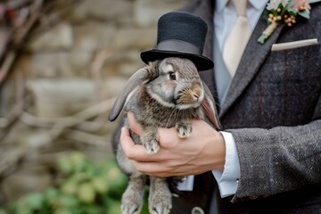 Obraz premium a person in a suit holding a rabbit wearing a tiny top hat