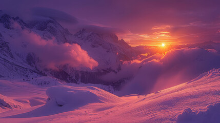   Sun descending over cloud-covered mountain peak on ski slope top