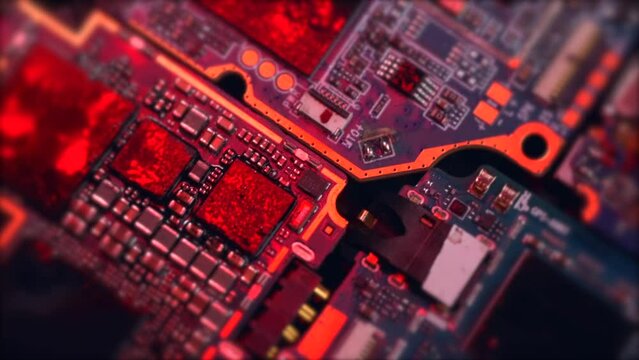 Computer motherboard components flashing red and blue colors, PC chip, cpu, circuits, microchips, processor, transistors tracking shot. Close up. Copy space.