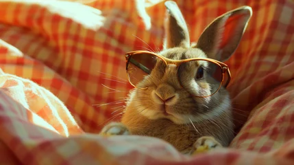 Fotobehang Zbliżenie na królika w okularach przeciwsłonecznych © Kumulugma
