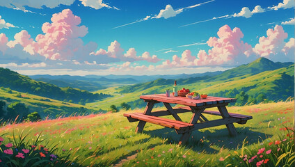 a painting of a picnic table and a picnic table with a view of a mountain range