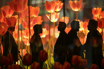 Figures of executives in conversation amidst a garden of backlit tulips, their profiles softly illuminated by the glow of the flowers.